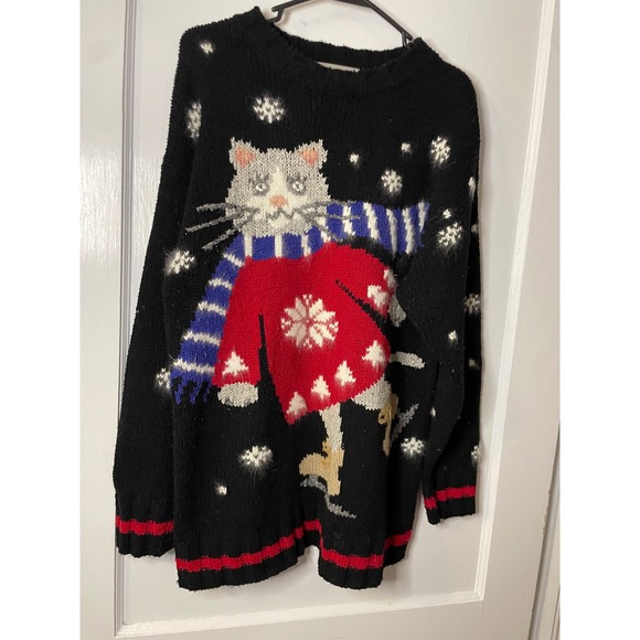 Hand Embroidered Cat Ugly Christmas Sweater Northern Isles Womens M - Picture 1 of 5
